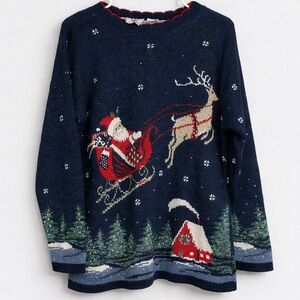 Vintage Nutcracker Christmas Sweater Womens L Santa Sleigh Reindeer Knit Holiday